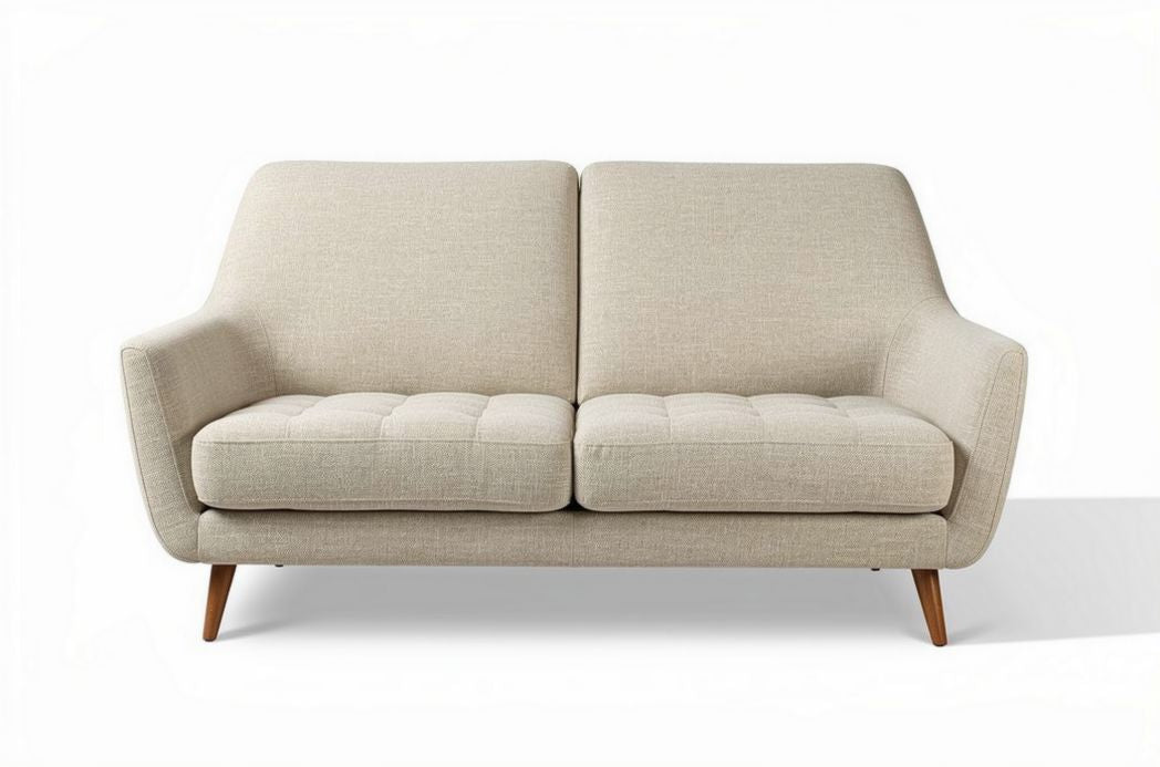 Tweekleurige bank van stof met houten poten 150 x 80 x 75cm