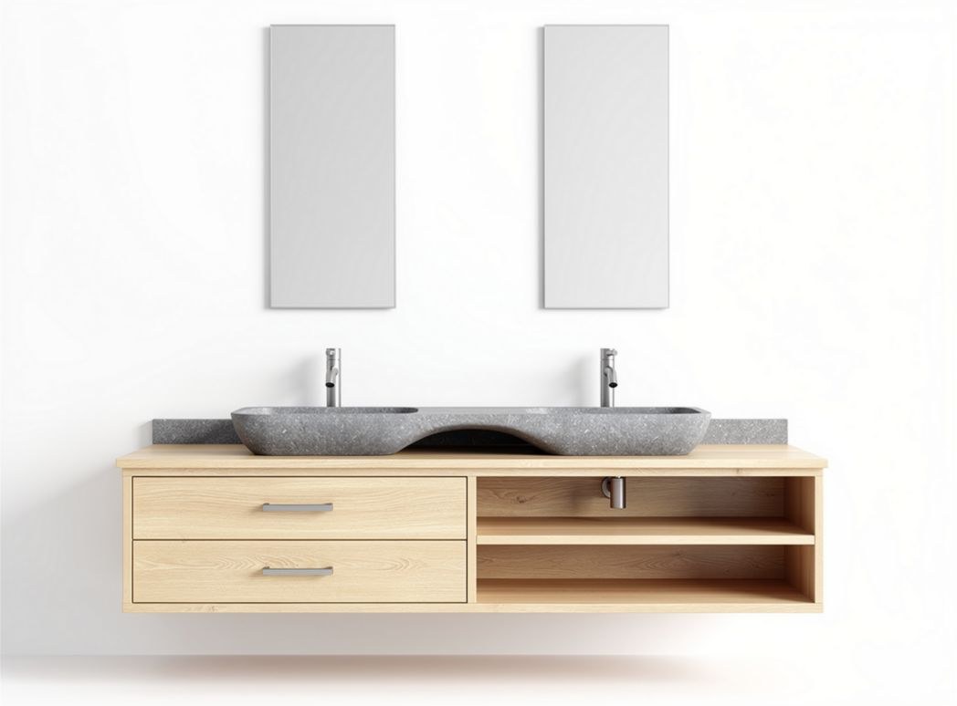 Wastafelmeubel van hout met betonnen wastafel en dubbele kranen 120 x 50 x 20cm