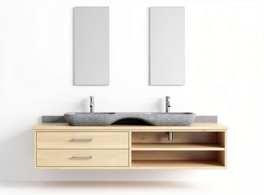 Wastafelmeubel van hout met betonnen wastafel en dubbele kranen 120 x 50 x 20cm