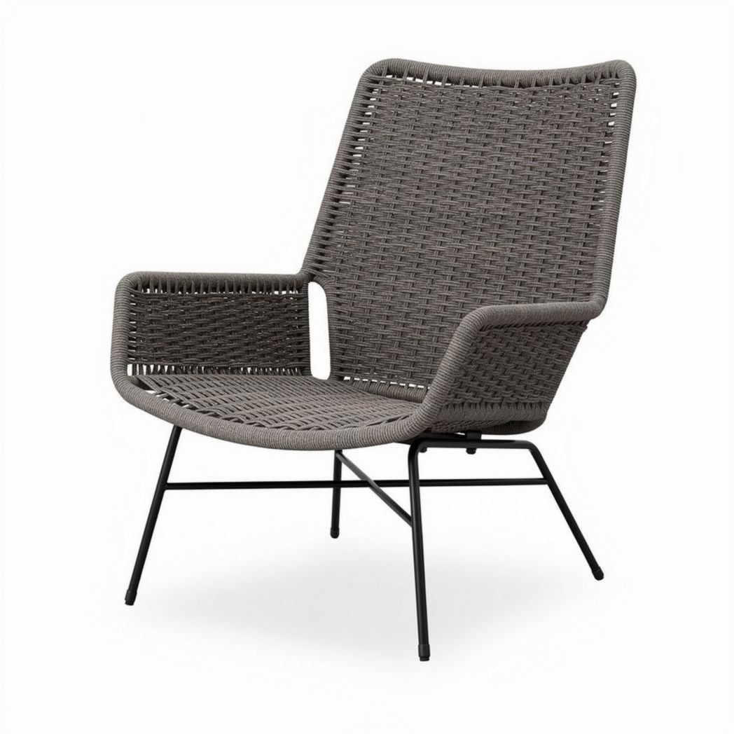 Lichtgewicht grijze rieten fauteuil met metalen onderstel 80 x 70 x 100cm