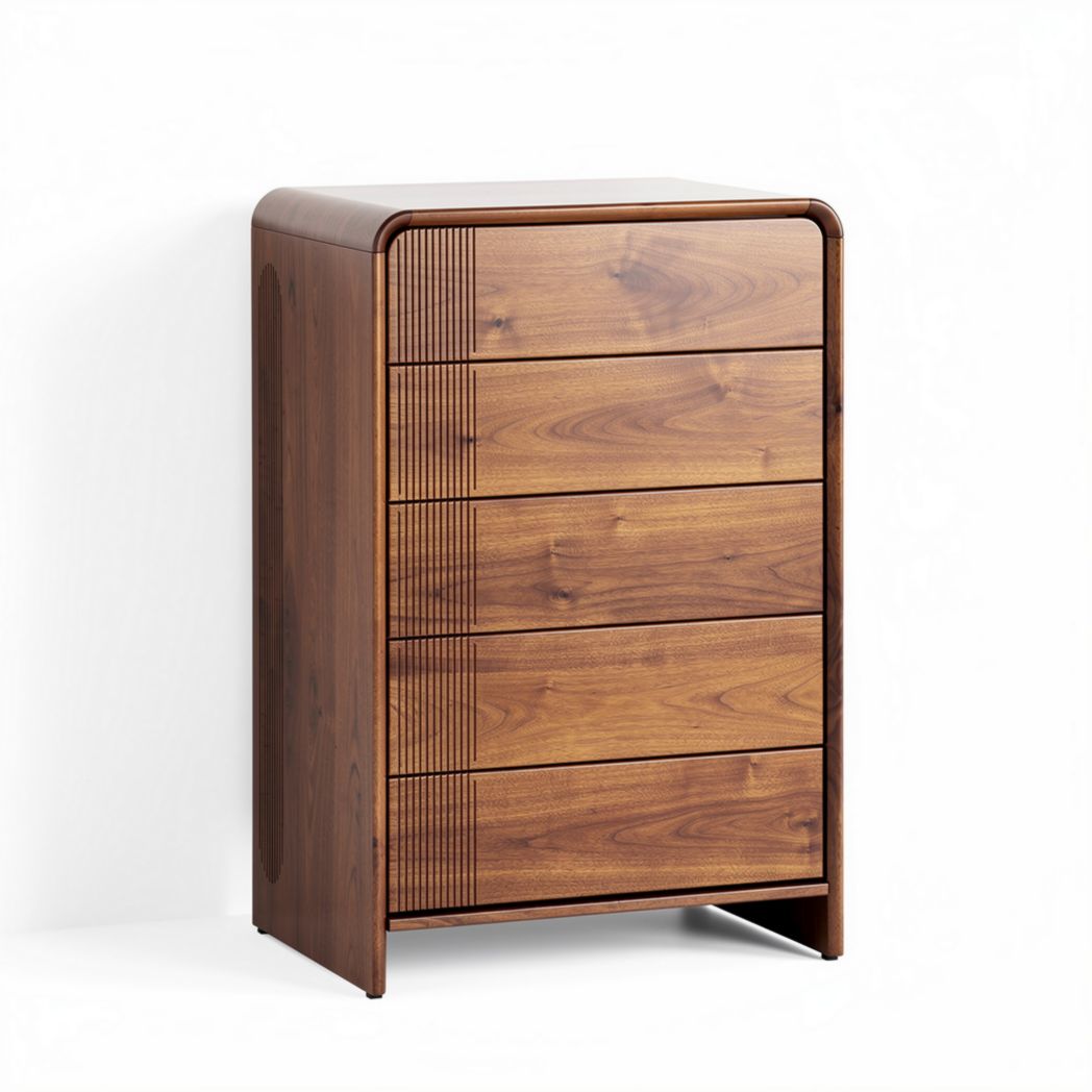 Ladenkast van hout met vijf lades in een warme notenhoutkleur 90 x 50 x 120cm