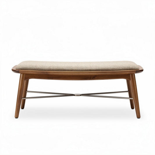 Houten voetenbankje met stoffen zitting 90 x 40 x 40cm bruin