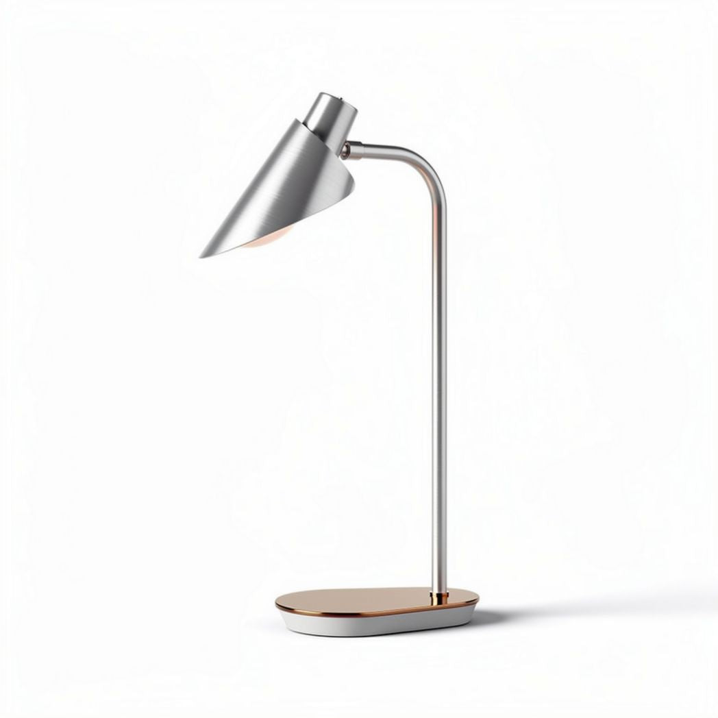 bureaulamp van metaal met een zilverkleurige kap en afmetingen 20 x 15 x 45cm