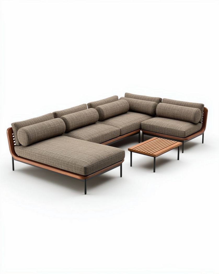 Hoekbank met houten frame en stoffen bekleding in bruin 270 x 180 x 85cm