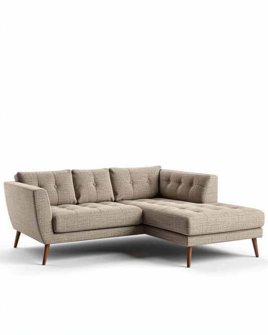 Hoekbank van textiel met chenille afwerking en houten poten 220 x 150 x 85cm